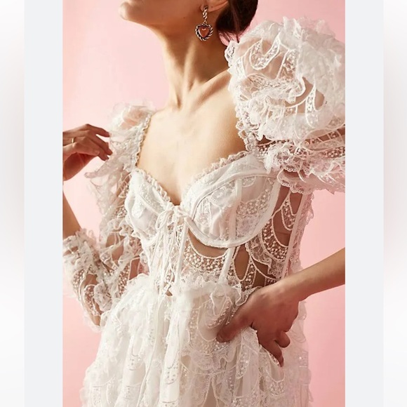 For Love & Lemons Tayla Lace Ruffles Corset Embellished Scalloped Mini Dress